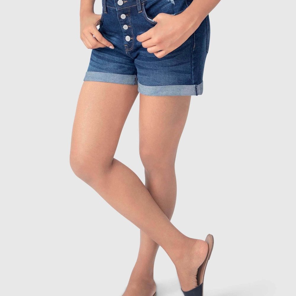 OLGYN Stretch Rolled Hem Dark Blue Denim Shorts - Picture 3 of 5